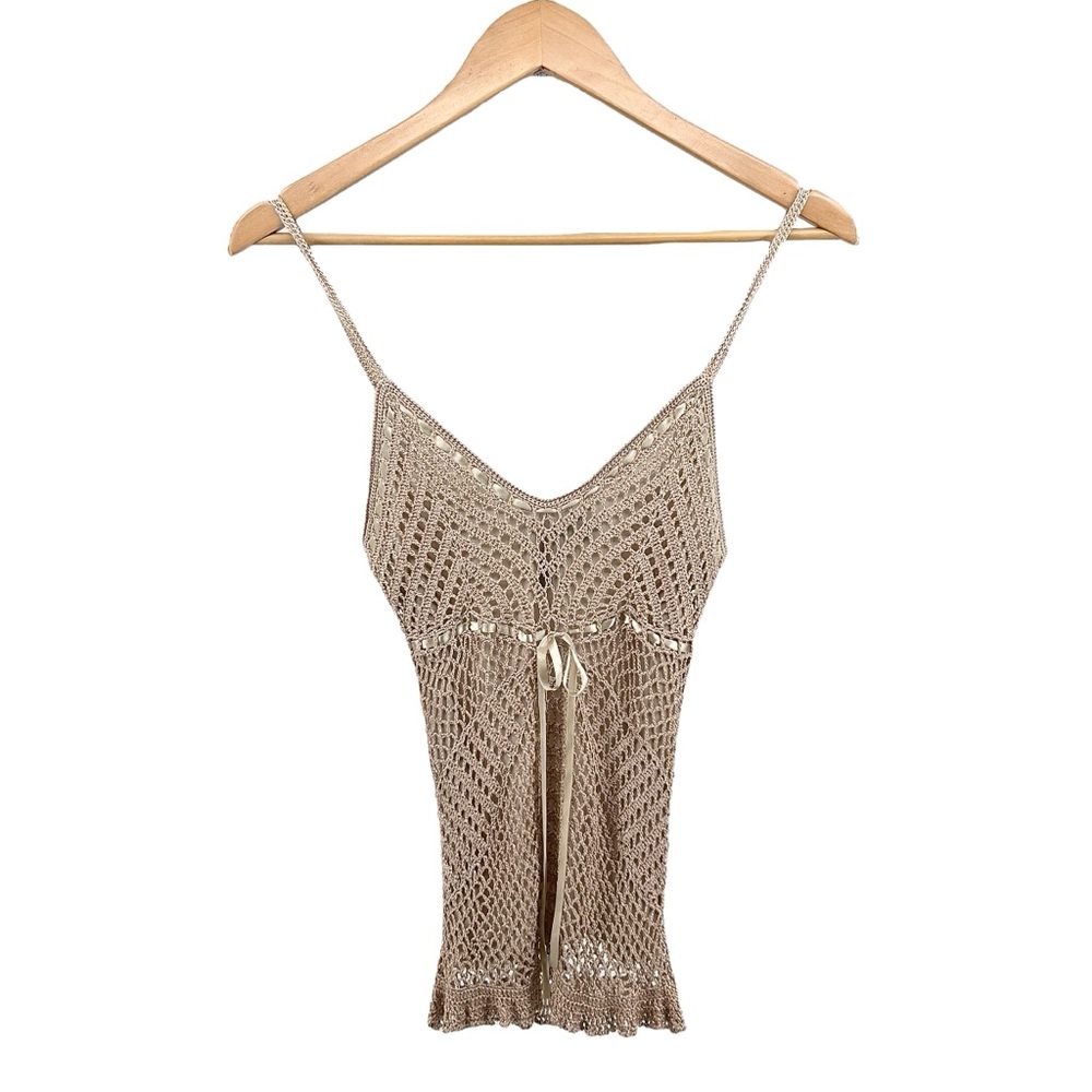 Say What? Y2K Crochet Double Layer Tank Sz L Ribbon Tie Tan Adjustable Strap - Picture 3 of 16